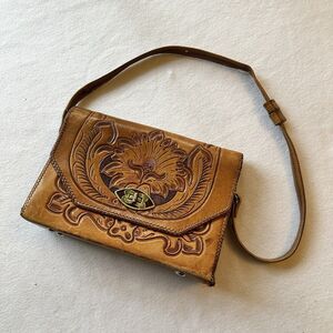 Vintage Hand Tooled Leather Shoulder Bag 10x7 Purse